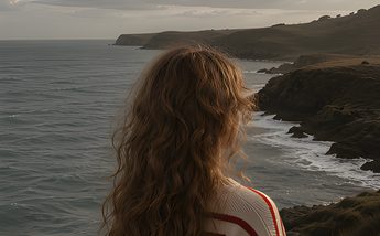 A woman looking toward a dramatic coastline