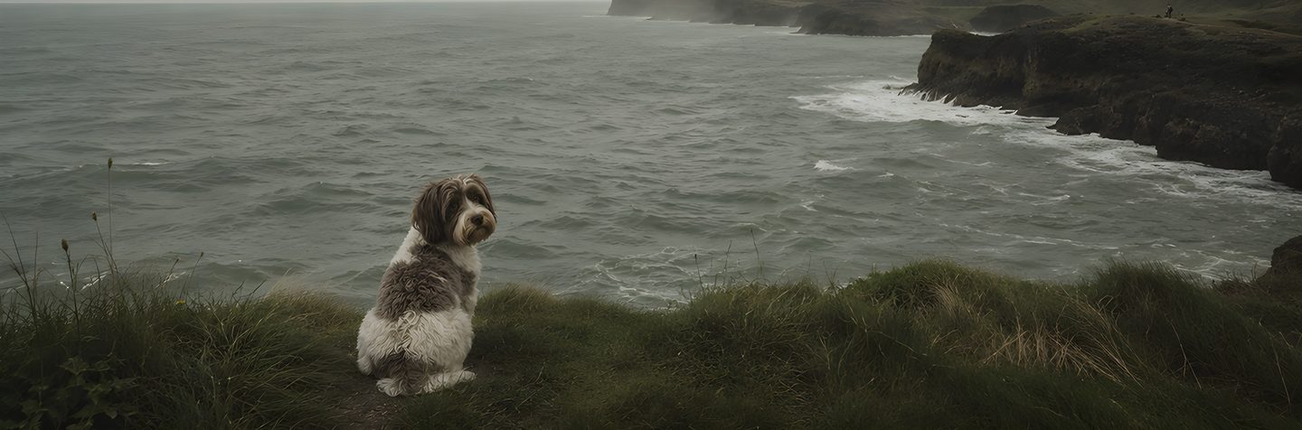 A small dog sitting on a grassy cliff overlooking the sea