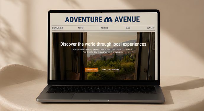 Adventure Avenue travel website shown on a laptop